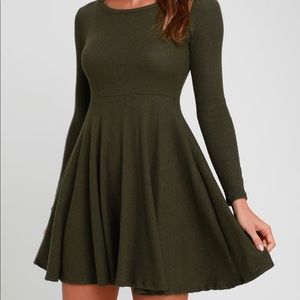 Lulus Ribbed Fit and Flair Olive Green Skater Dress